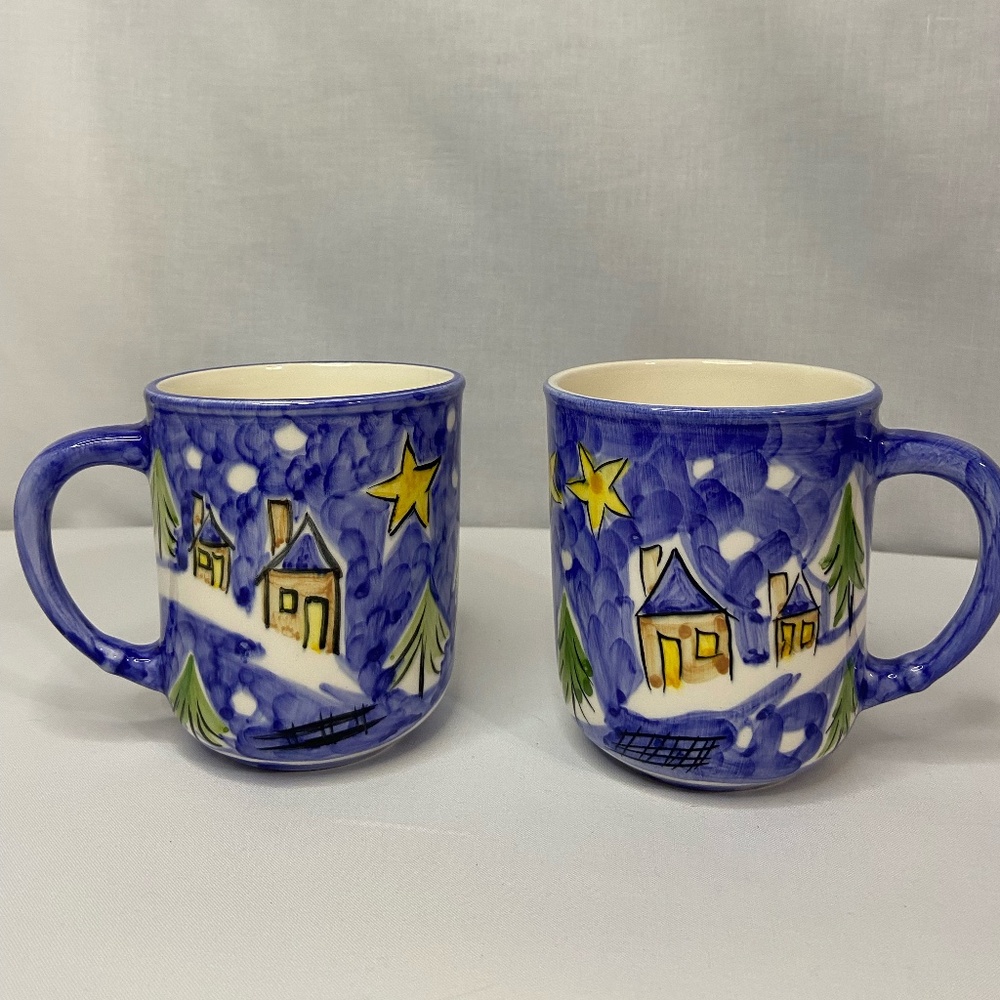 Portugal Mugs Folk Art Painted Ceramic Pair Winter Scene Coffee Tea Hot Cocoa